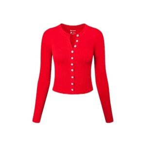 OQQ Womens "SZ SM" Long Sleeve Shirts Crew Neck Button Knit Stretch Casual Red